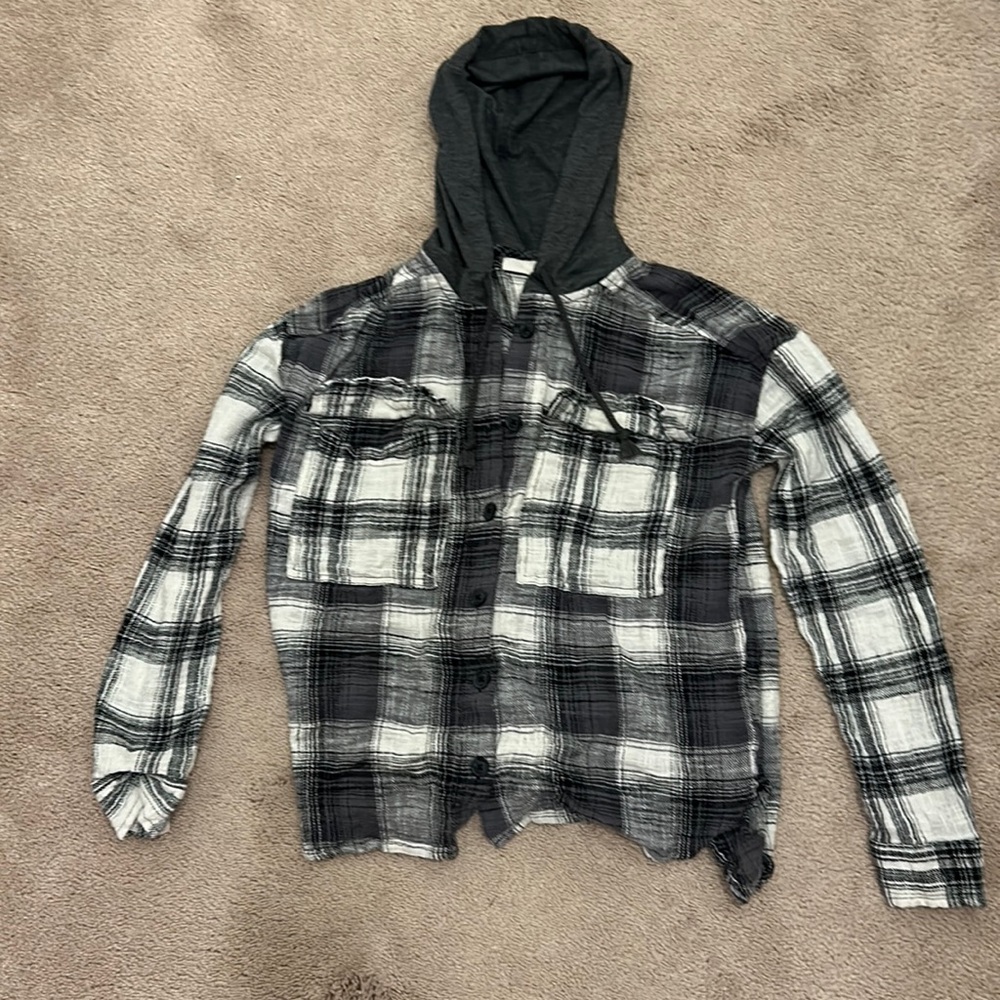 Black and white plaid button up hoodie
